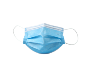 Light-blue disposable medical mask with pleats and white elastic ear loops on black background