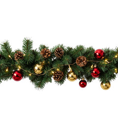 Festive christmas garland with pinecones baubles and fairy lights on a isolated on transparent background