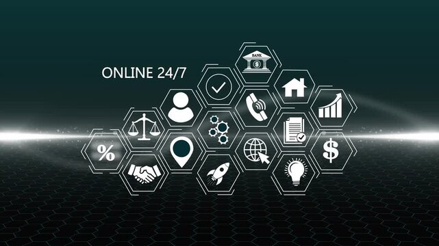 Futuristic Online 24/7 concept. Glowing holographic planet earth digital network with collaboration4k bular grid background video animation - Powered by Adobe