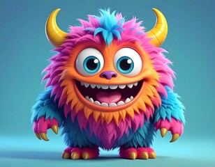A vibrant and friendly cartoon monster with bright fur, large eyes, horns, and a wide, toothy grin. It's a colorful, cheerful creature