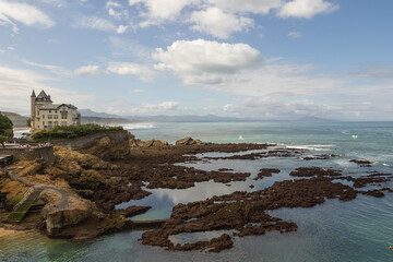 Cliffside Elegance: a coastal view featuring a striking castle perched dramatically on a rocky...