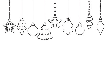 Hanging Christmas ornaments border in a minimal line art style, vector illustration
