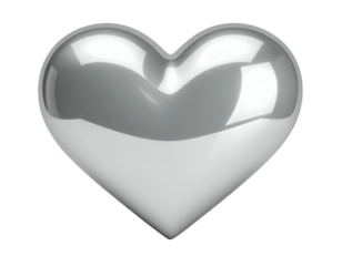 Shiny, metallic heart floats against a black background with curved, reflective surfaces
