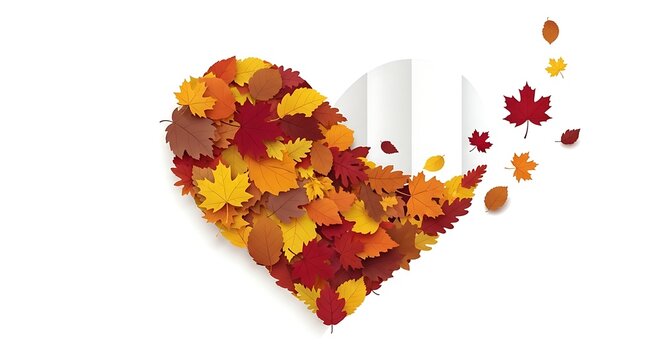 Heart Shape Formed by Autumn Leaves with Some Leaves Blowing Away on a White Background fall