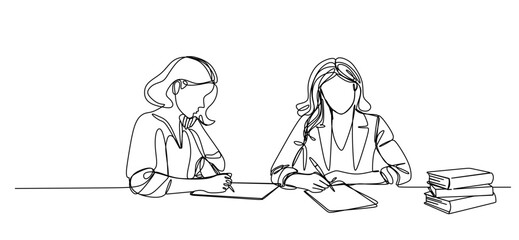 Continuous one line drawing businessman and woman having a discussion. Business activities concept. Single line draw design vector graphic illustration.Hand drawn one line vector