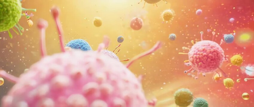 An animation of diverse, beneficial bacteria in the digestive system. For health, wellness, and probiotics-related content.