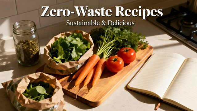 Kitchen counter with fresh veggies (carrots, tomatoes, leafy greens), a jar of herbs, an open notebook, and text “Zero - Waste Recipes: Sustainable & Delicious”. - Powered by Adobe