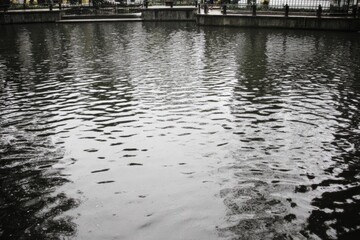 Calm water reflecting dark trees and structures
