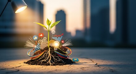 Green sprout with technology icons and financial symbols growing from soil under a lamp in a city growth