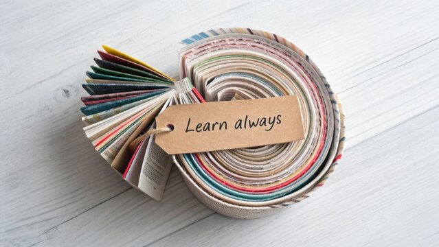 Colorful fabric swatches arranged in a spiral showcasing a tag that says 'Learn always' on a wooden surface backdrop - Powered by Adobe