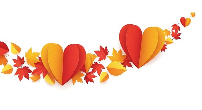 Autumn leaves and paper hearts forming a flowing garland on a white background fall - Powered by Adobe