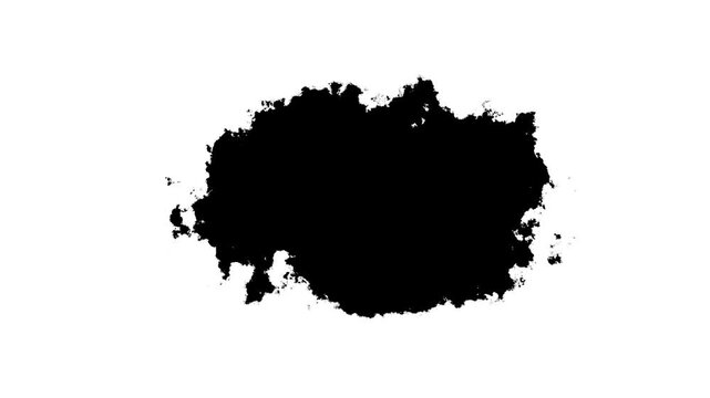 Transitions of black expanding paint stains on white backdrop Grunge Ink spreads and fills the screen. Beautiful black watercolor ink leak drops.