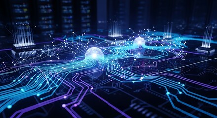 Abstract digital network with glowing spheres and circuit board pathways in blue and purple light technology