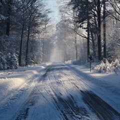 Fototapeta premium Snowy road through winter forest landscape