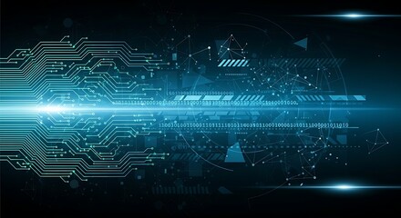 Abstract digital blue circuit board with binary code and network connections on a dark background technology