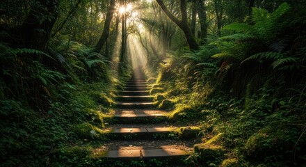 Sunlit forest path, steps leading upwards