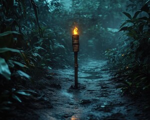 Torch in lush forest