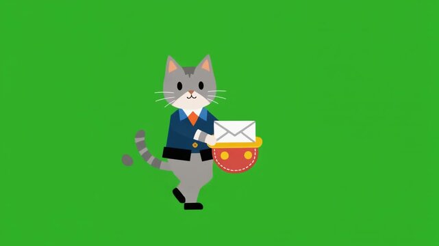 A charming cartoon cat dressed as a postman carries a mailbag and delivers a special love letter, a whimsical communication concept isolated on a green screen background for easy keying