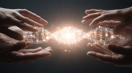 Hands come together to create a luminous DNA strand, symbolizing collaboration in scientific discovery and unity in understanding life.
