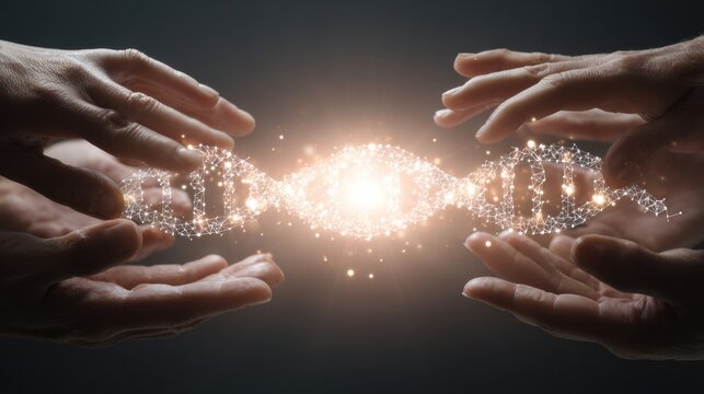 Hands come together to create a luminous DNA strand, symbolizing collaboration in scientific discovery and unity in understanding life.