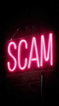Illuminating Deception: A neon sign spells out SCAM against a dark background, the vivid glow casting a stark contrast. The image creates a dramatic visual.