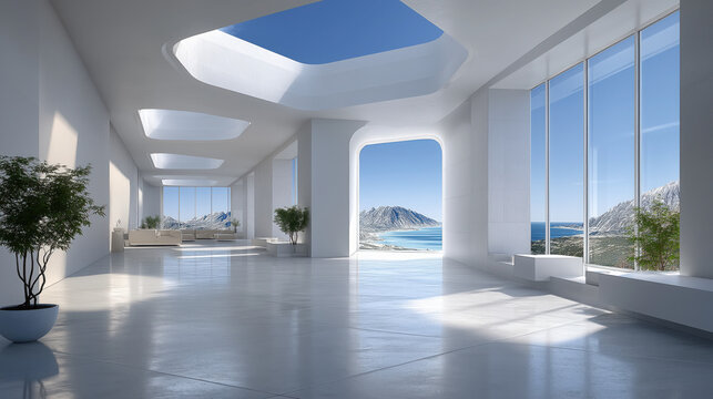 Modern architectural interior with large windows, bright natural light, and stunning ocean view creates serene atmosphere - Powered by Adobe