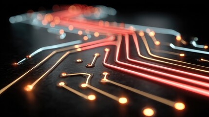 Elegant circuit board design glows with vibrant orange and red light highlighting digital connectivity and data flow creating a modern tech aesthetic, ideal for innovation visuals