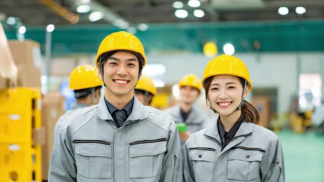 Smiling Workforce: A group of construction workers, wearing safety helmets and professional attire, exudes an aura of teamwork and proficiency within a vibrant industrial setting. 
