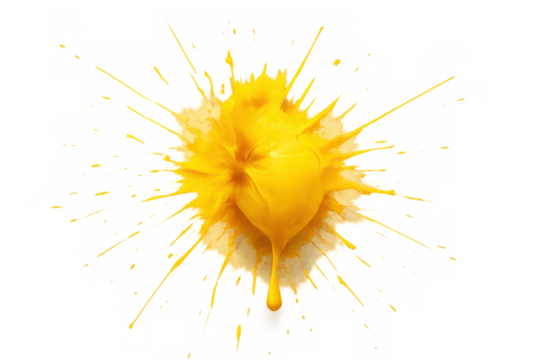 Yellow paint splash creating an abstract explosion of liquid spray and dripping texture on a transparent background