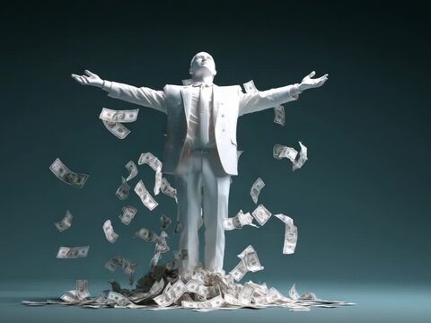 Monetary Ascension: A statuesque figure, radiating success, stands triumphantly amidst a cascade of currency, symbolizing wealth and financial achievement.