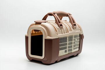 A dog carrier with a brown and white