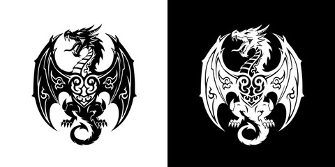 A striking black and white graphic illustration of a dragon with spread wings and intricate tribal patterns on its body and wings.