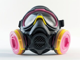 A gas mask with pink and yellow accents