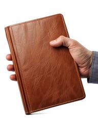 A hand holding a brown leather wallet