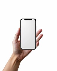 A hand holding a phone with a blank