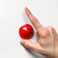 A hand holding a red button on a