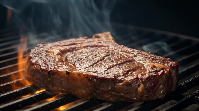 Grilled steak on grill showing dark brown cooked meat grill marks bone and smoke