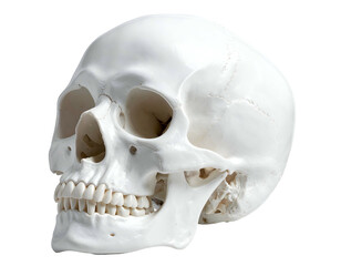 Obraz premium Isolated, pristine white skull with teeth visible from a three-quarter side view