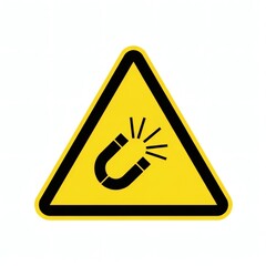 Be aware of strong magnetic fields safety warning displayed with a yellow triangle, alerting workers to potential dangers in industrial and tech environments