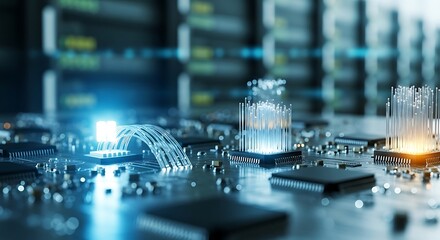 Close-up of a futuristic circuit board with glowing fiber optics and microchips technology computer