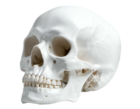 Isolated, pristine white skull with teeth visible from a three-quarter side view