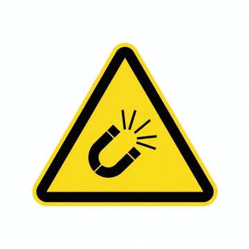 Be aware of strong magnetic fields safety warning displayed with a yellow triangle, alerting workers to potential dangers in industrial and tech environments