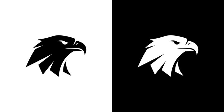 A striking graphic design featuring the head of an eagle in silhouette, presented in both black on white and white on black.