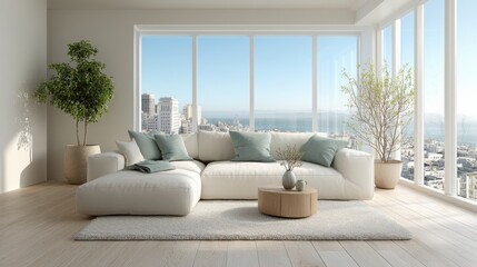 Fototapeta premium A bright modern open-plan living room with large windows and stylish decor.