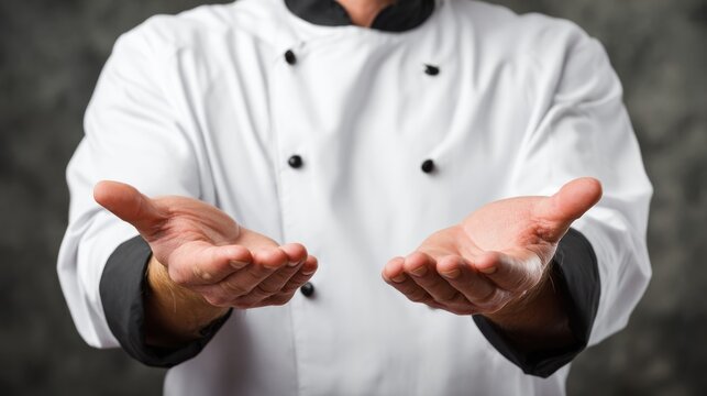 A chef in a white uniform with black accents, holding out his hands in a welcoming gesture.