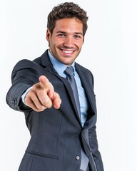 A man in a suit pointing at the