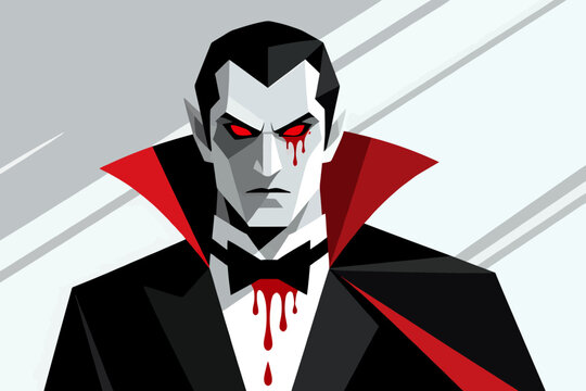 Illustration of a vampire character with blood and dramatic attire appears menacingly.