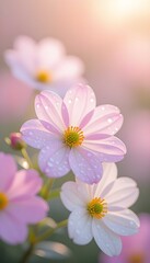 Fototapeta premium A close-up shot reveals the delicate beauty of pink and white cosmos flowers, adorned with shimmering water drops