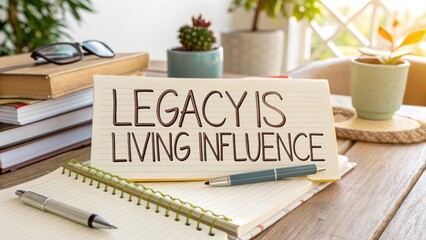 Inspiring Quote about Legacy and Influence on a Workspace Desk with Plants and Stationery Items