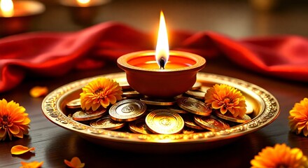Celebrating the Hindu festival of Dhanteras with a traditional puja setup featuring a glowing oil lamp, shiny gold coins, and vibrant orange flowers on a plate